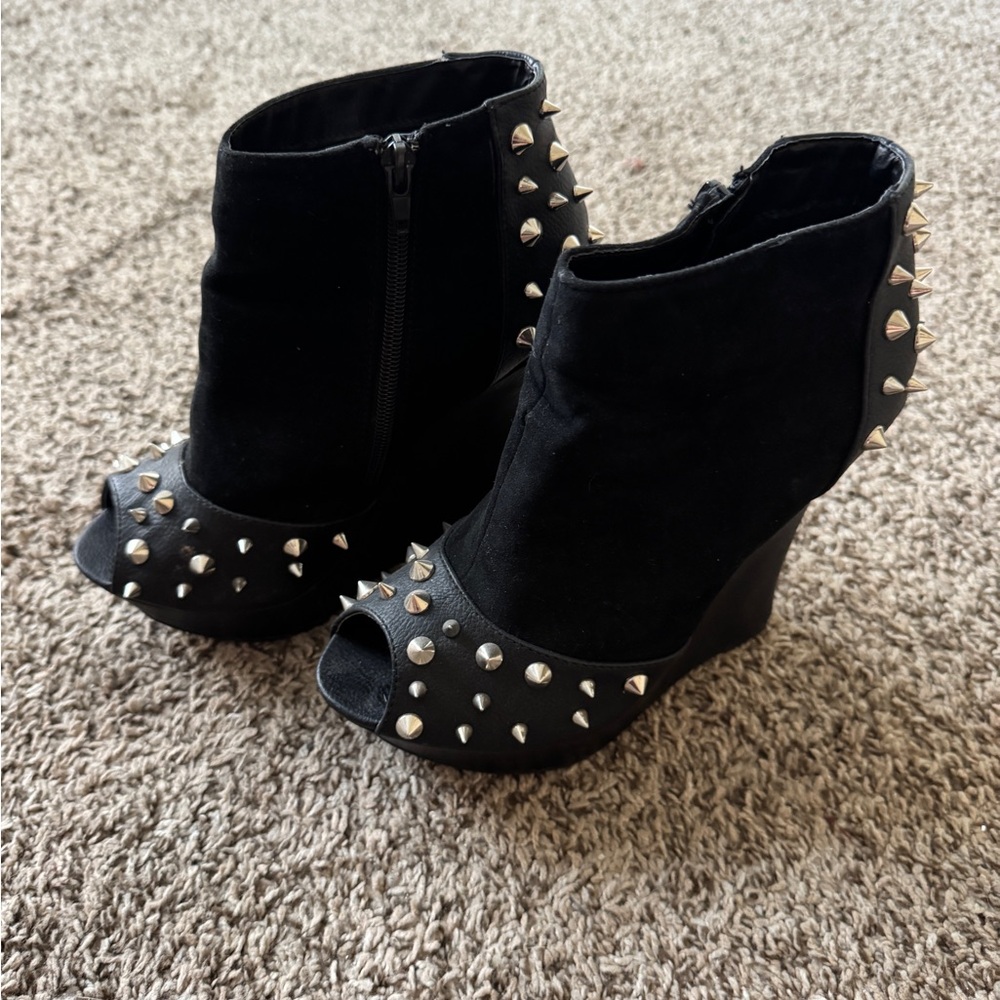 Black Studded Wedge Ankle Boots